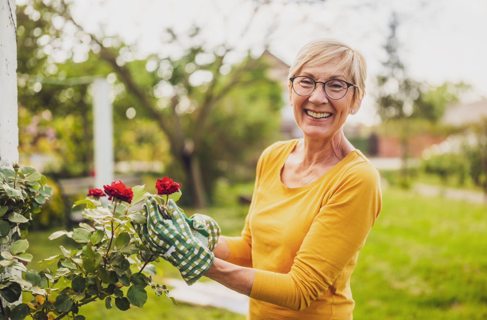 An older adult grinning while trimming a bush in their rose garden.