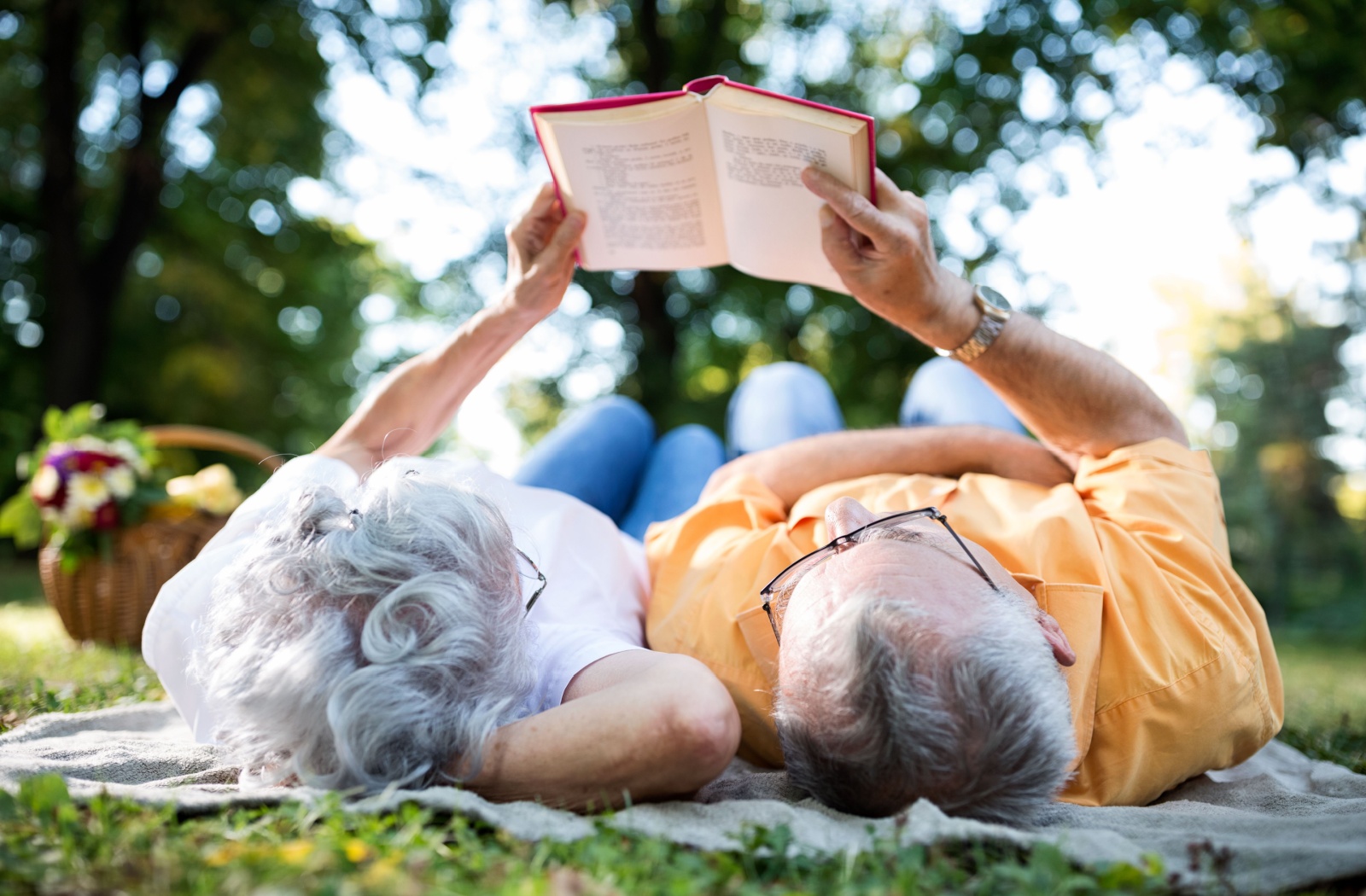A senior couple each holds one side of a book while lying on a blanket outdoors to read together