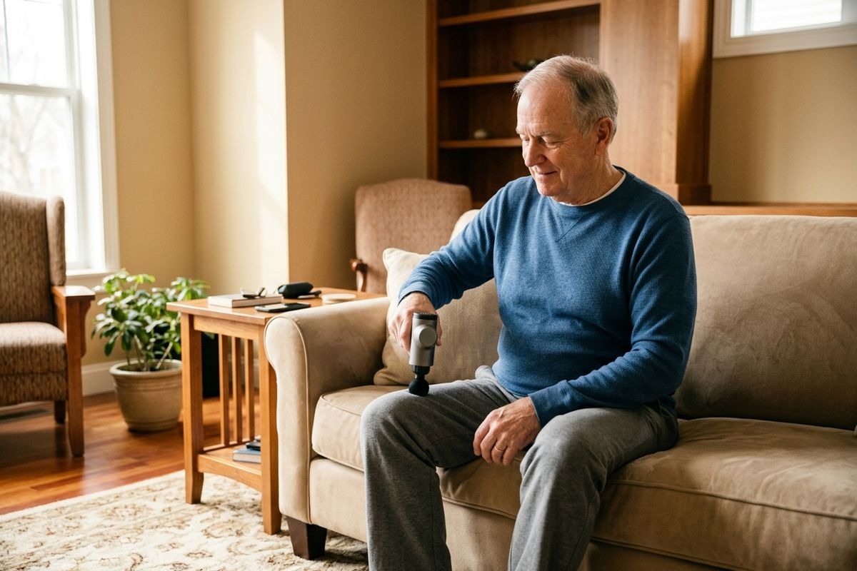An older adult man wearing a blue sweater and grey sweatpants sits on a beige sofa in a brightly lit living room, applying a black percussion massage gun to his right thigh.