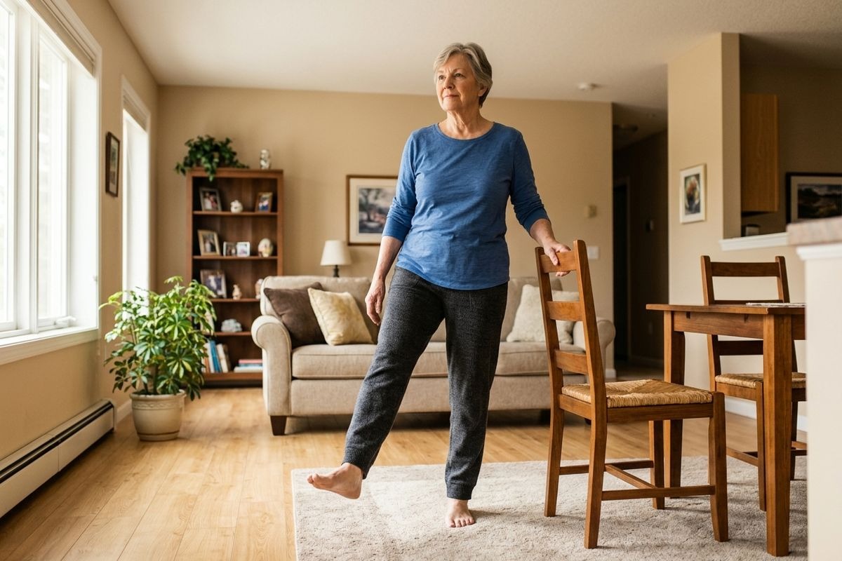 An older adult is doing a standing leg exercise, holding a chair for balance in a living room.