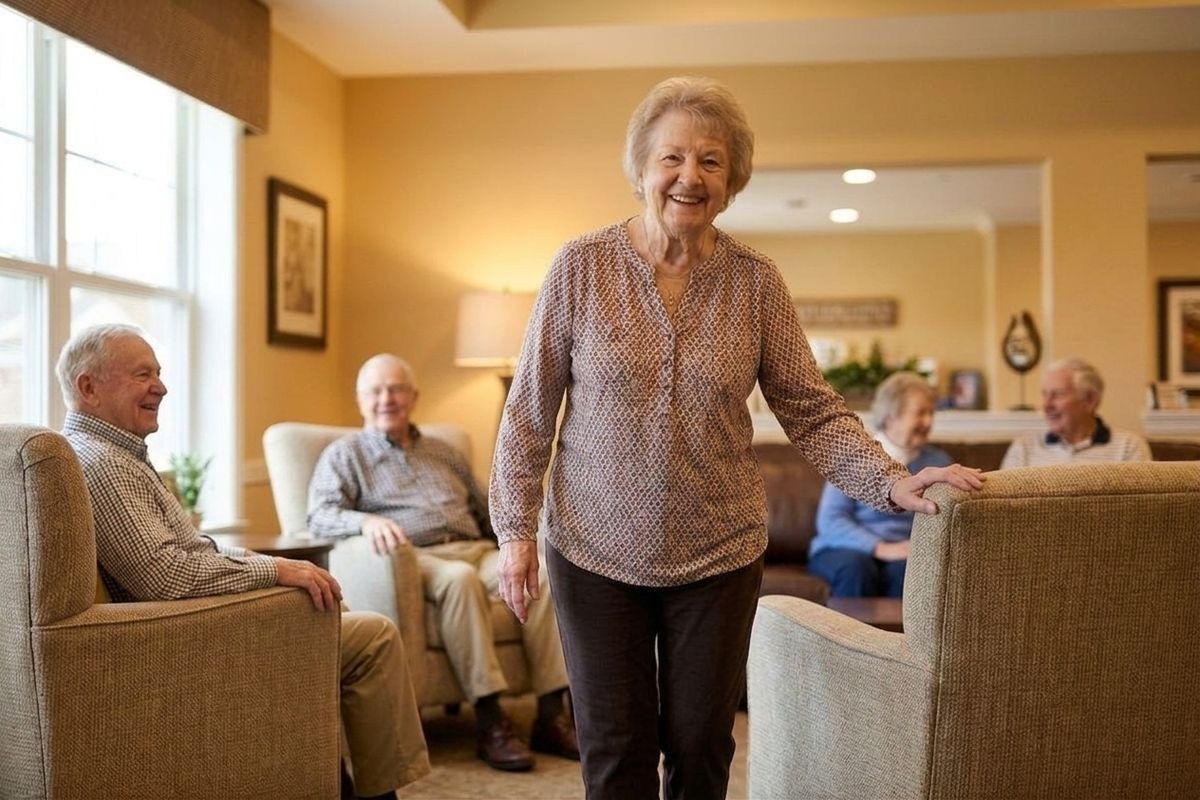 Smiling older adult standing in a lounge with armchairs while four other older adults sit and chat.