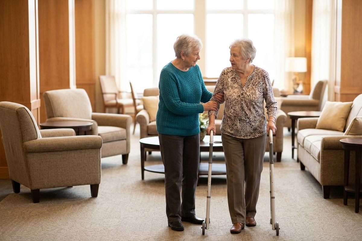 An older adult helps another older adult using a walker, holding their arm, in a furnished sitting room.