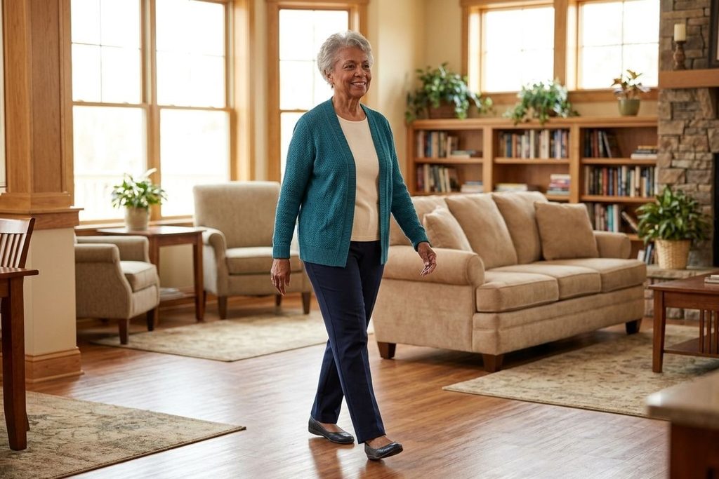 Older adult in a teal cardigan trying out new shoes and walking through a living room with a sofa, bookshelves, and large windows.