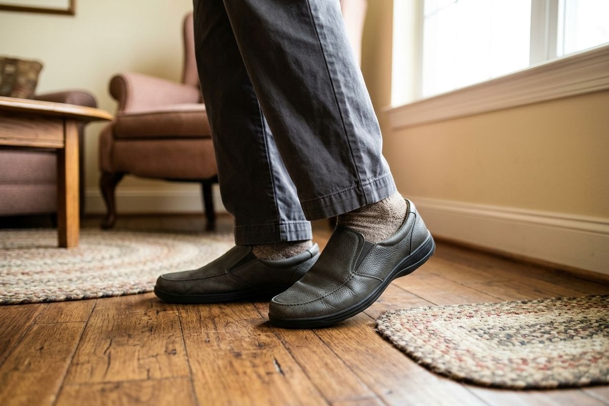 An older adult's feet in black slip-on shoes and gray pants walking on a wood floor near a braided rug and armchair.