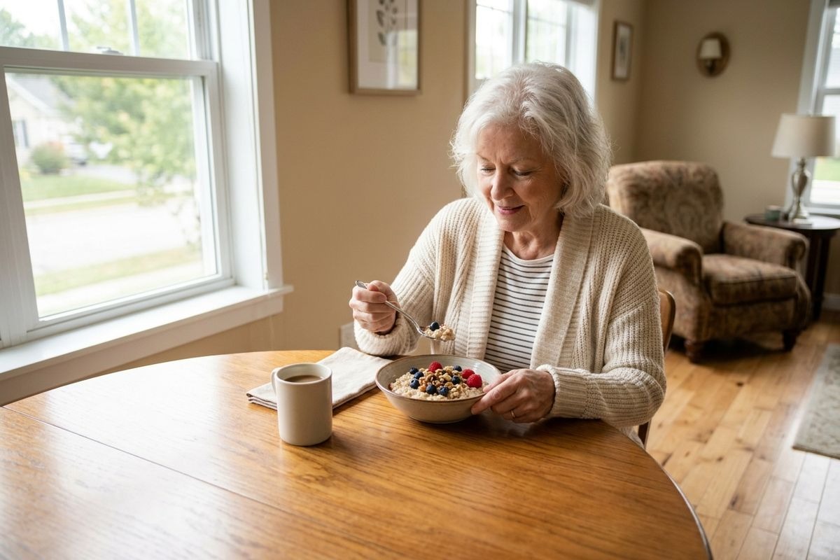 A senior eats a bowl of oatmeal with berries at a wooden table, with a coffee mug nearby, by a sunlit window.