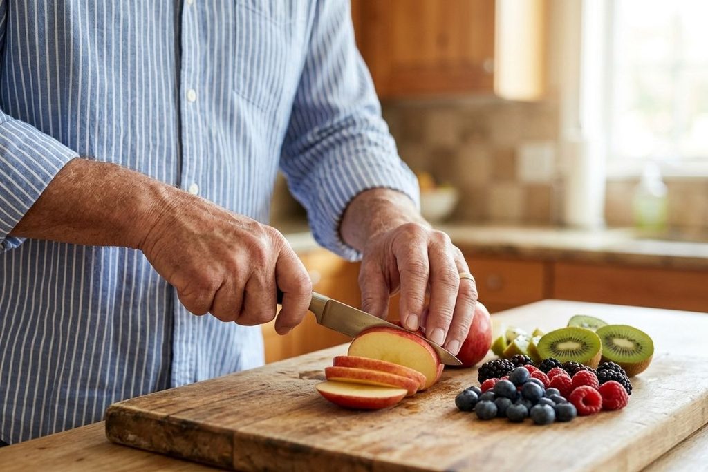 A person slices an apple on a wooden board with kiwi and berries in a sunlit kitchen.